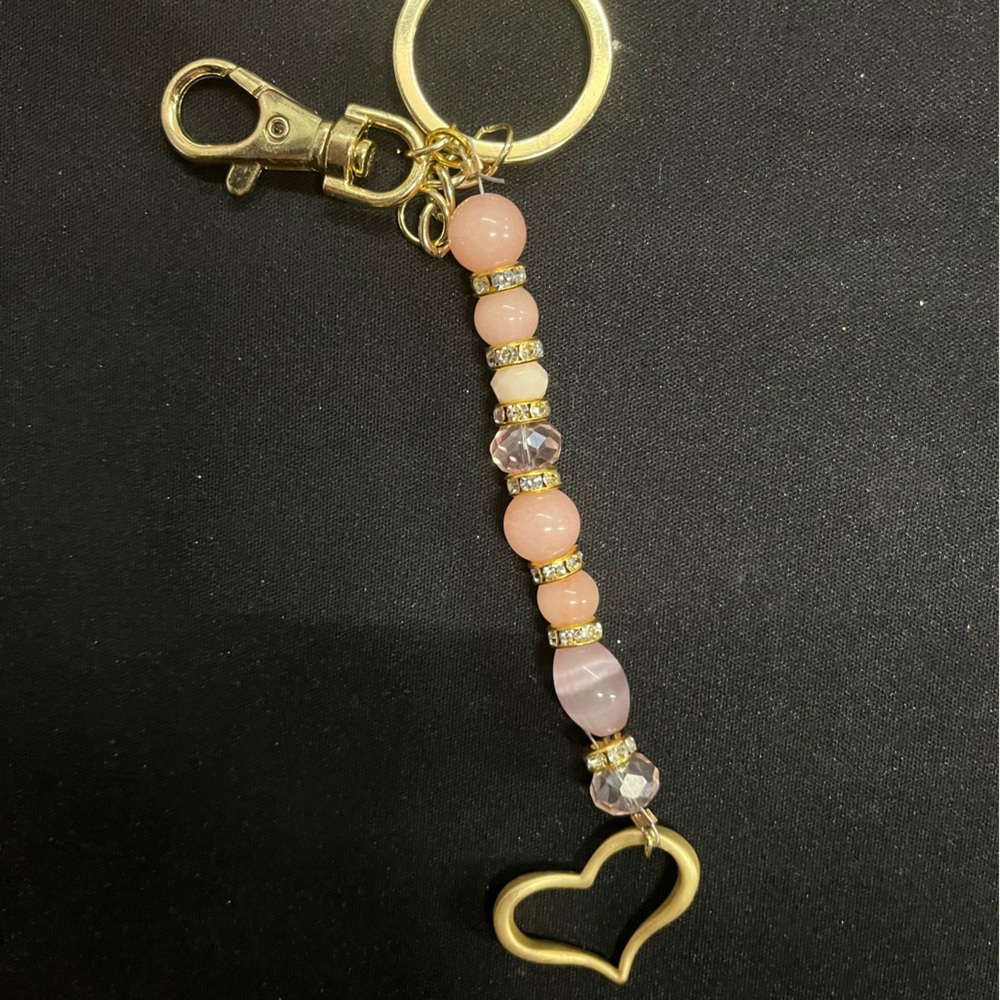 Pink and Gold Beaded Key Holder with Heart Charm